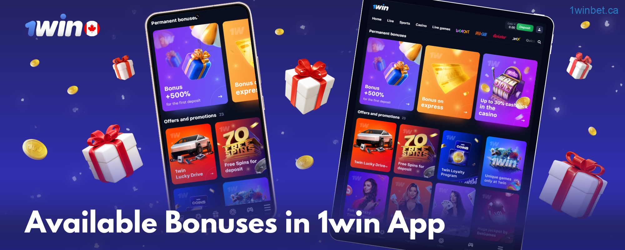 Access daily promotions in the 1win casino app in Canada, including bonuses and cashbacks