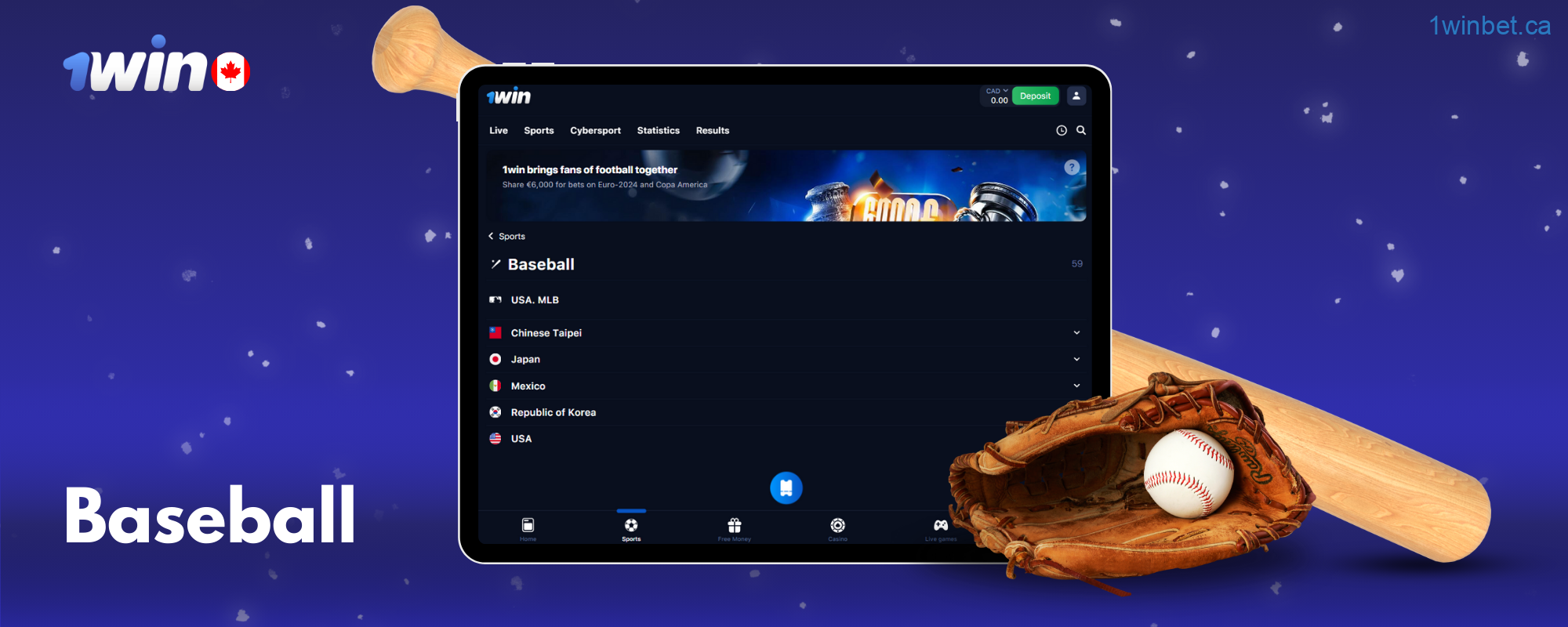 Canadian players can also bet on baseball at 1win