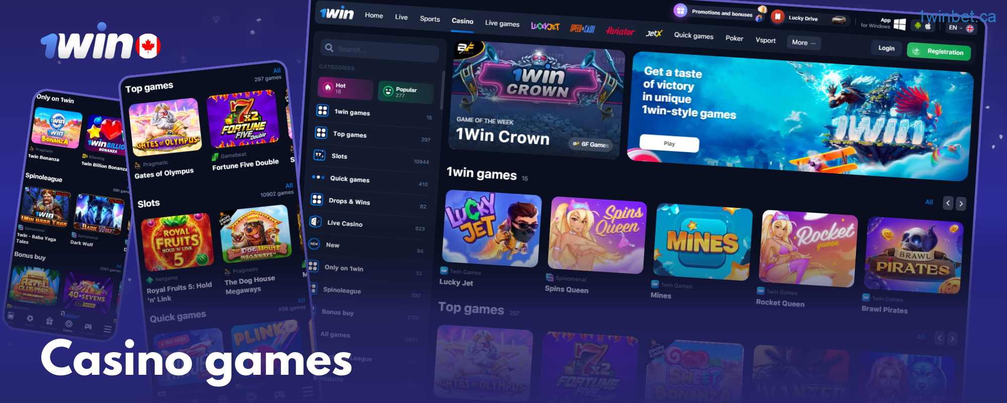 Explore games from over 130 developers at 1win online casino in Canada via categories or search