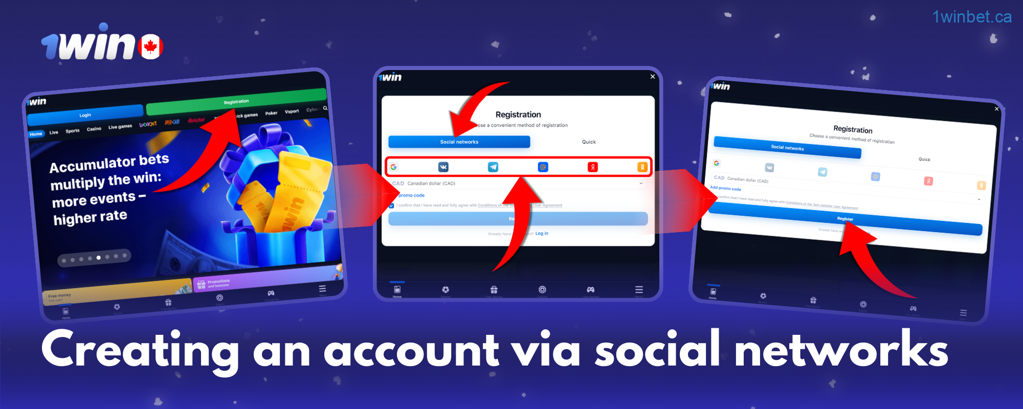 Residents of Canada can register with 1win via social media by choosing a platform, CAD, and logging in