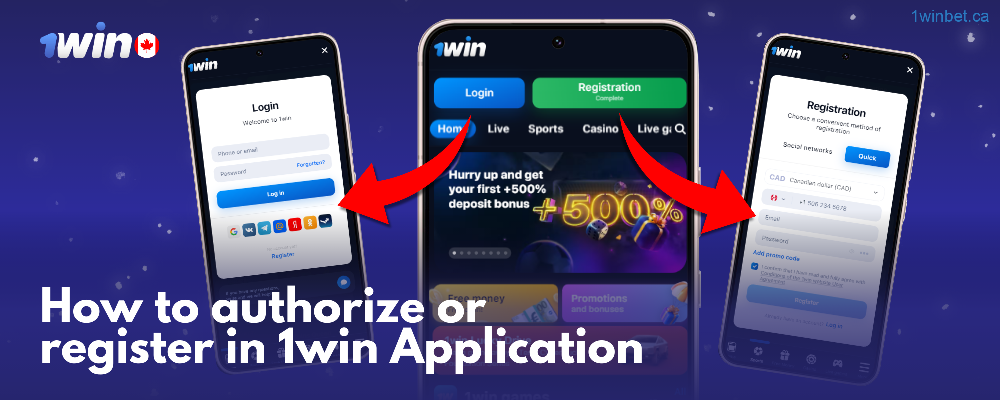 Register or log in to the 1win app in Canada using email/phone