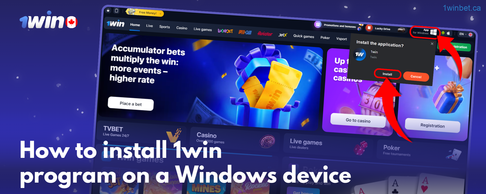 Install the 1win betting app on your device in Canada by downloading it from the official site