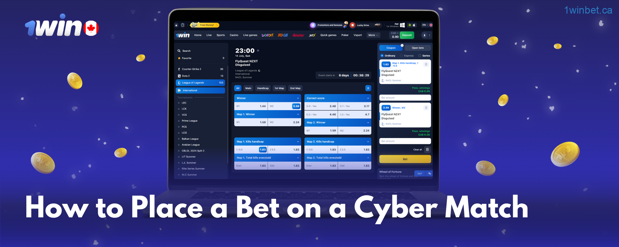 Canadian gamblers can easily bet on esports events at 1win by registering and depositing