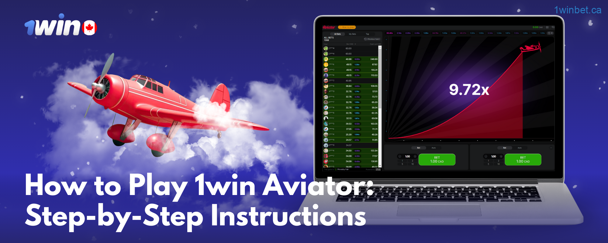 Register and place bets in the 1win Aviator Canada game and withdraw money before the plane takes off to secure your winnings