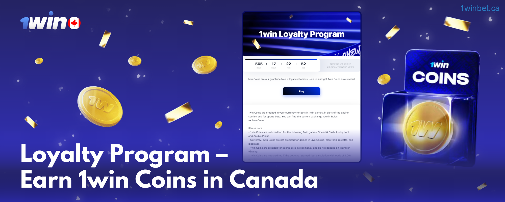 1win's loyalty program rewards Canadian players with coins for bets, convertible to real money