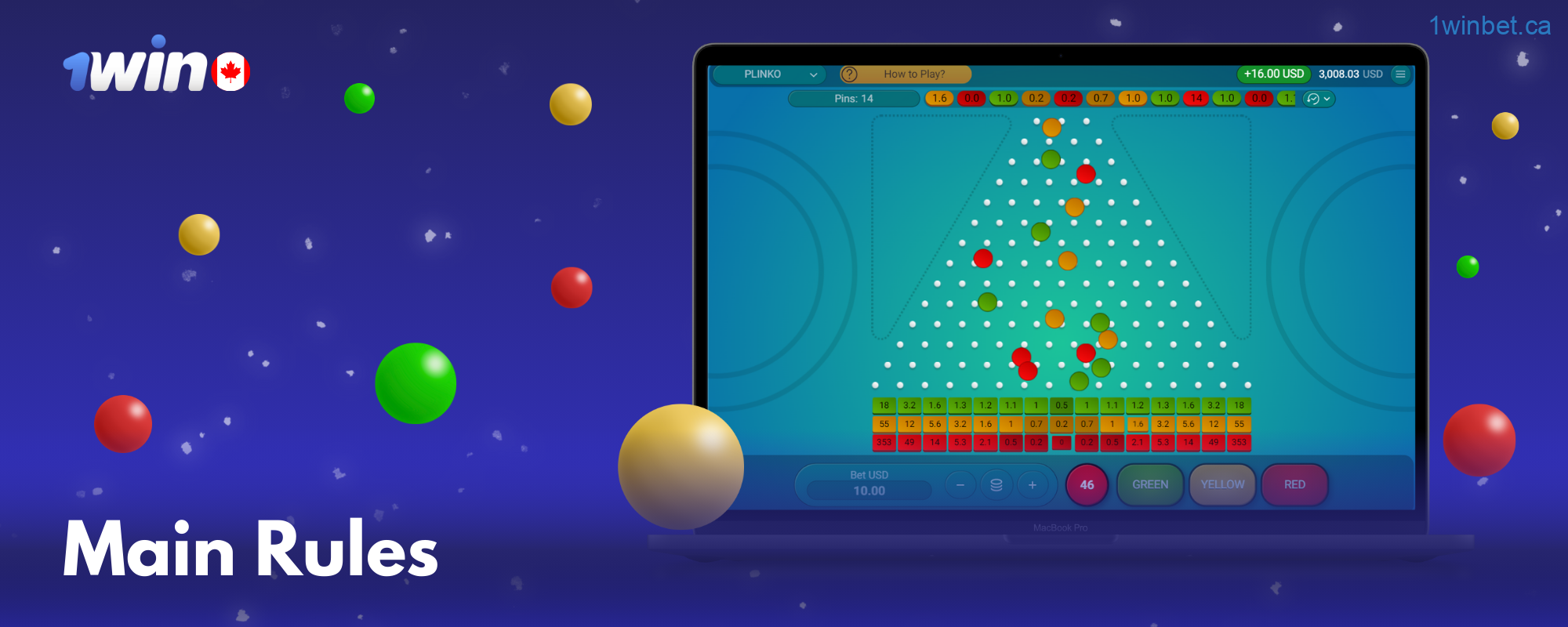 Canadian users can customize the pins and choose ball colors in 1win Plinko for a personalized gameplay