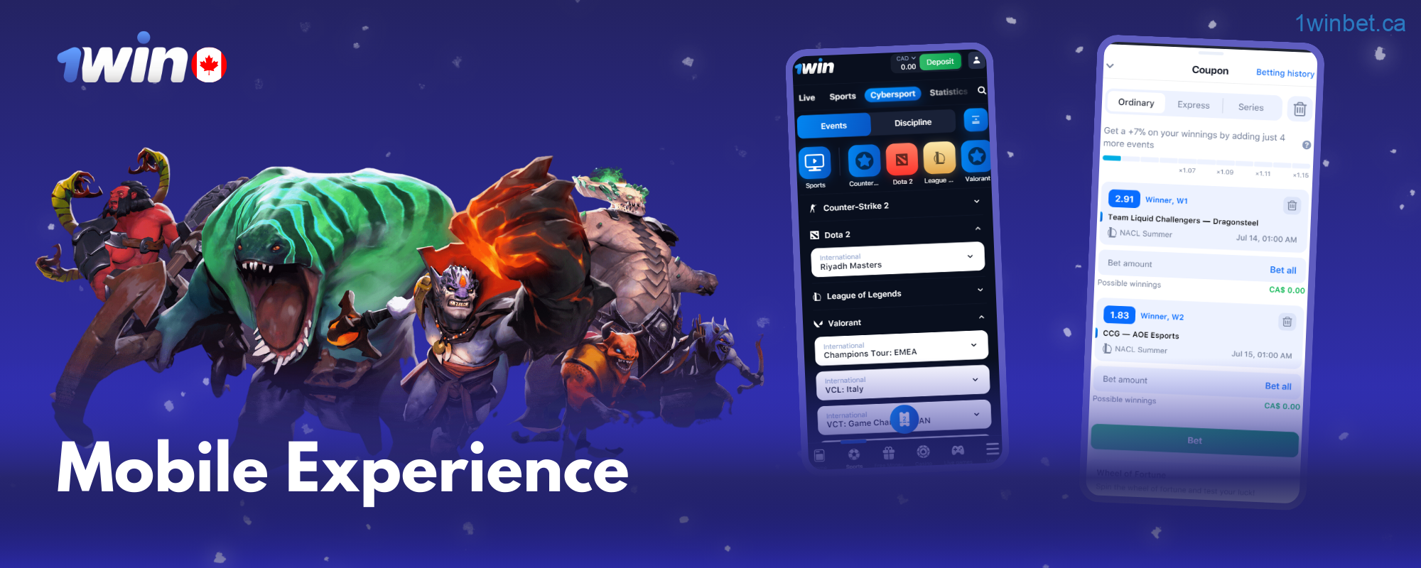 Bet on the go with 1win Canada's mobile app, featuring a user-friendly interface for esports