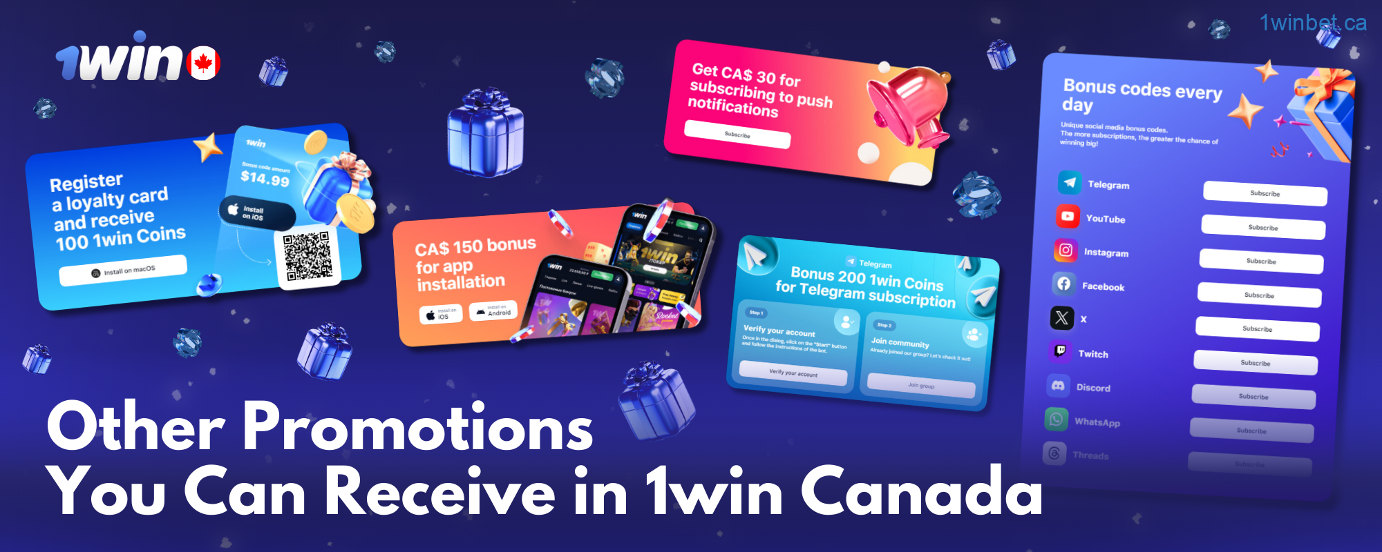 1win offers a variety of bonuses for users from Canada, such as rewards for installing applications, promotional codes for social networks, and more