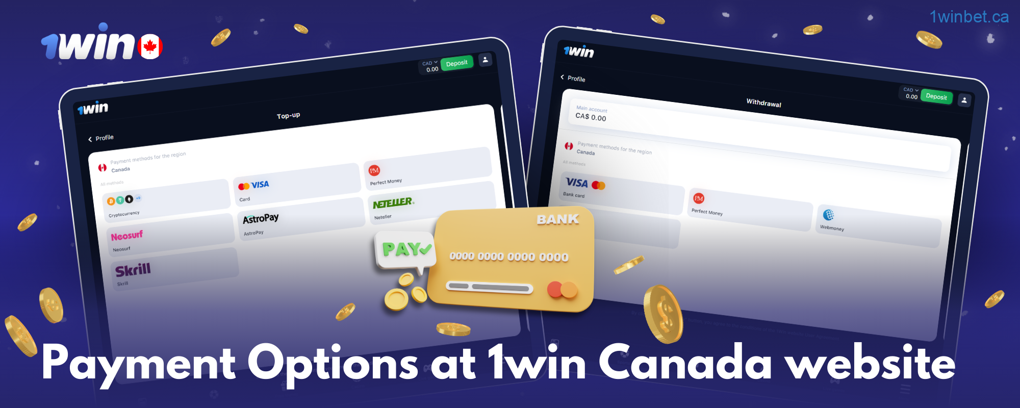 Choose from several banking methods to make transactions at 1win Canada, including cryptocurrency