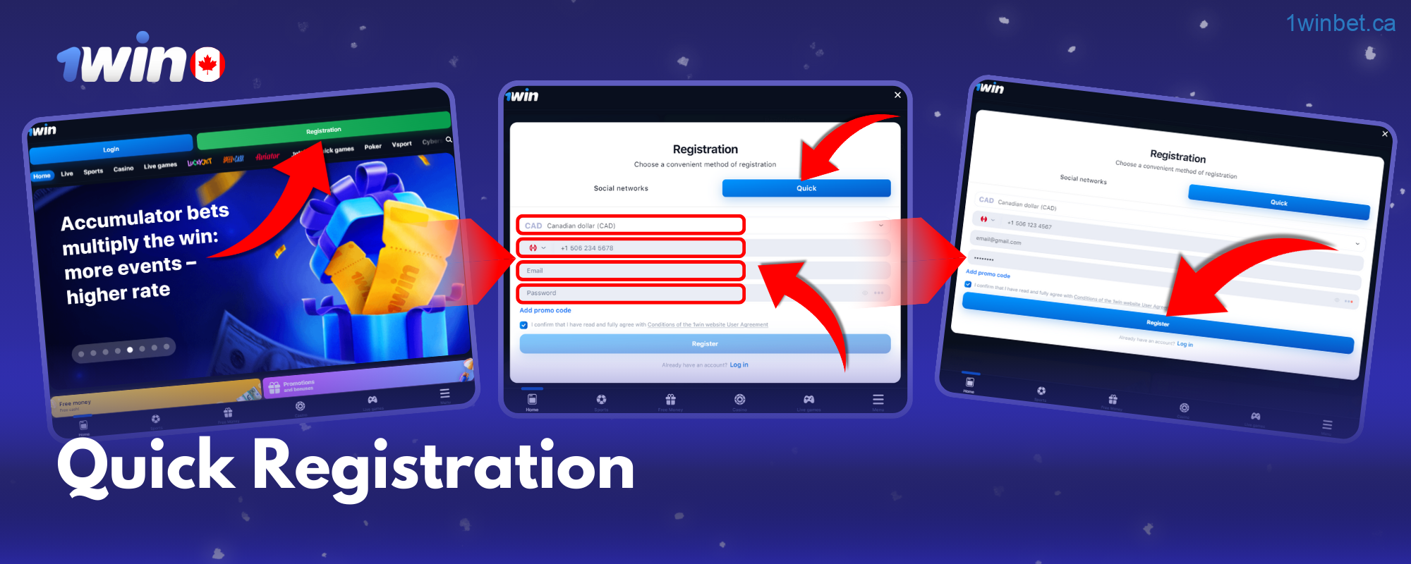 Sign up at 1win Canada: choose CAD, enter details, agree to terms, and click Register