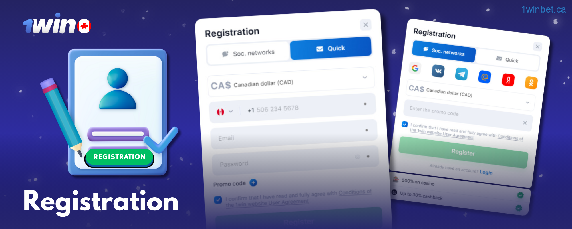 Create an account on the 1win Canada website via email or social media, accept the terms and conditions, and click the Register button