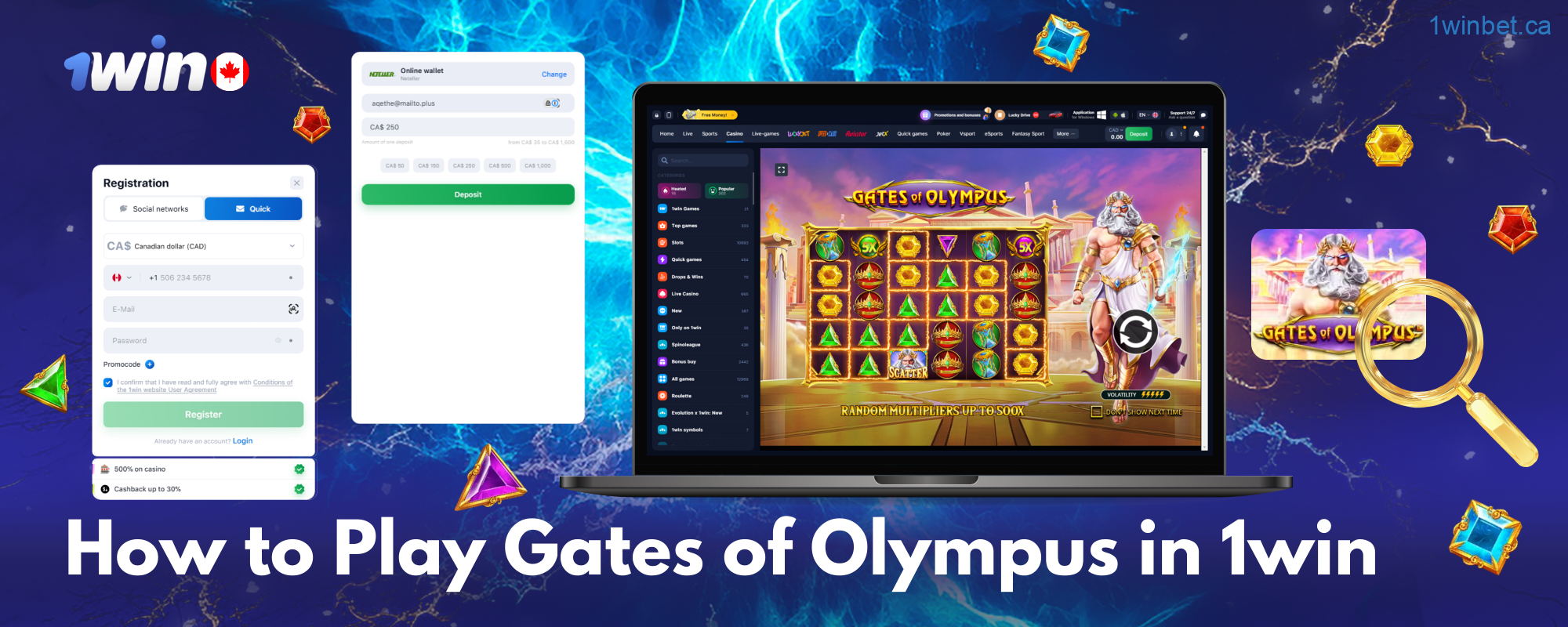 To play Gates of Olympus at 1win Casino - create an account and deposit first